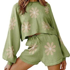 Ekouaer Knit Pajamas Set for Women Lounge Sets Long Puff Sleeve Top and Shorts